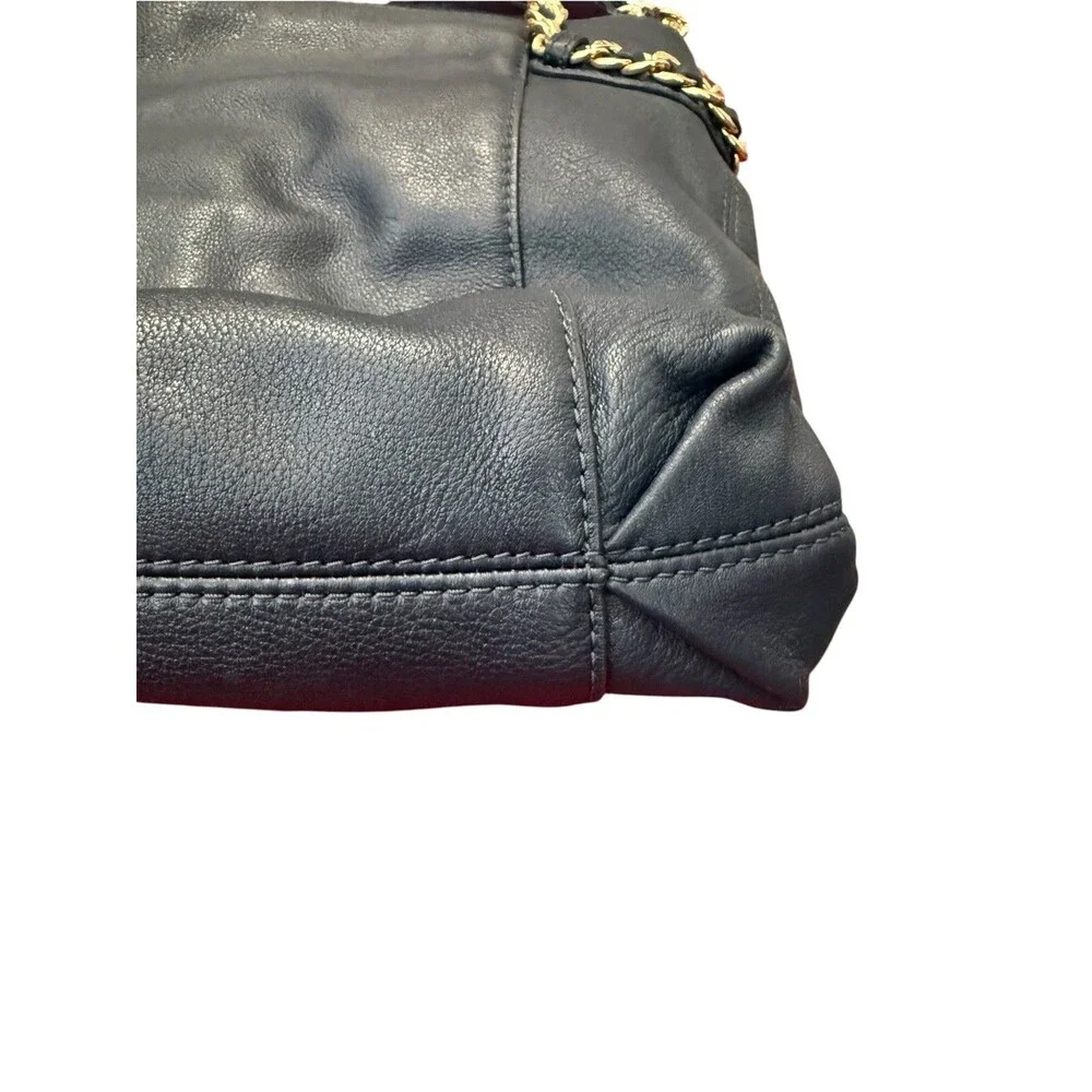 Michael Kors Navy Blue Pebbled Leather Chain Shoulder Tote Gold Lock Charm Bag